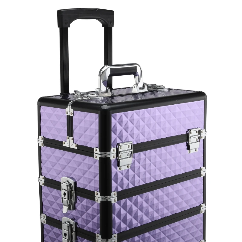 HOMCOM Mala de Maquilhagem Professional com Rodas Universais Diferentes Níveis e Alça Extensível 33,5x23x76-95,5 cm Roxo