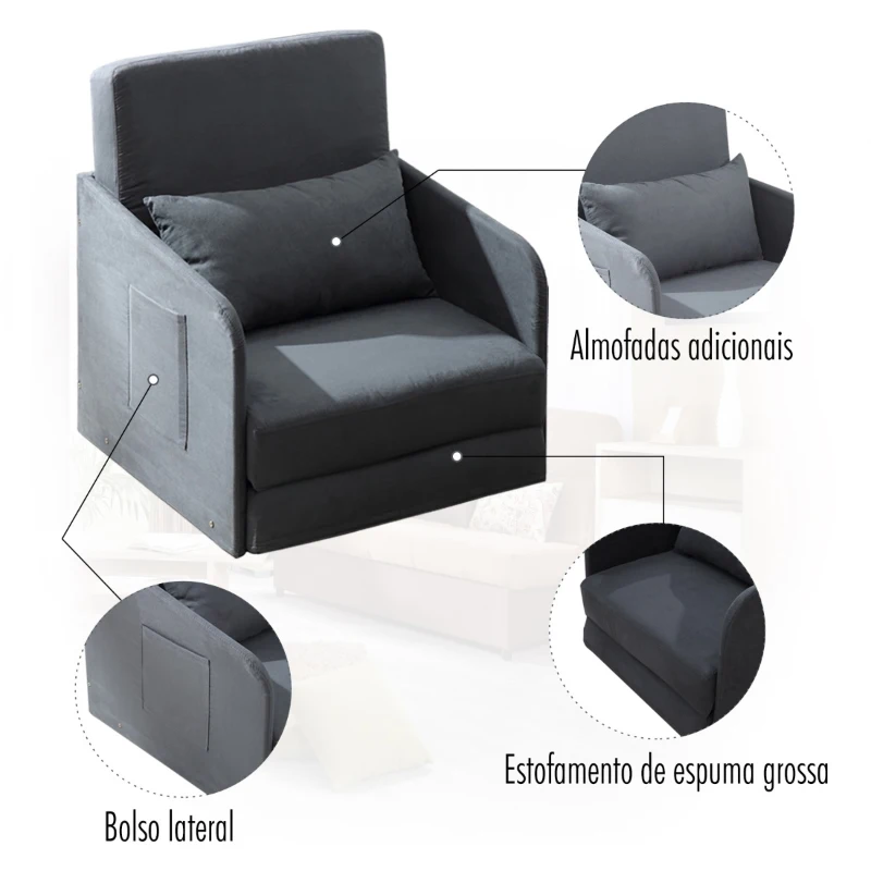 HOMCOM Sofá-cama de solteiro com braços para a sala Bolsos do quarto do estúdio em 2 lados com 1 carga de travesseiro 150kg 70x74 × 78cm Cinza  