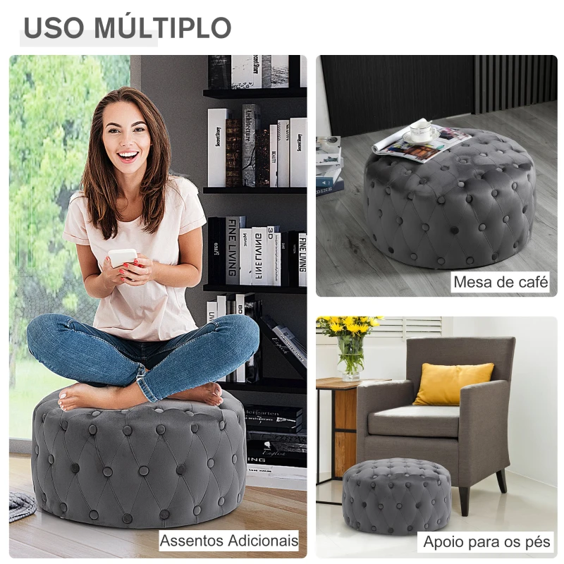 HOMCOM Tamborete estofado em veludo com botões Apoio para os pés acolchoado macio de desenho vintage Φ60x33 cm cinza escuro