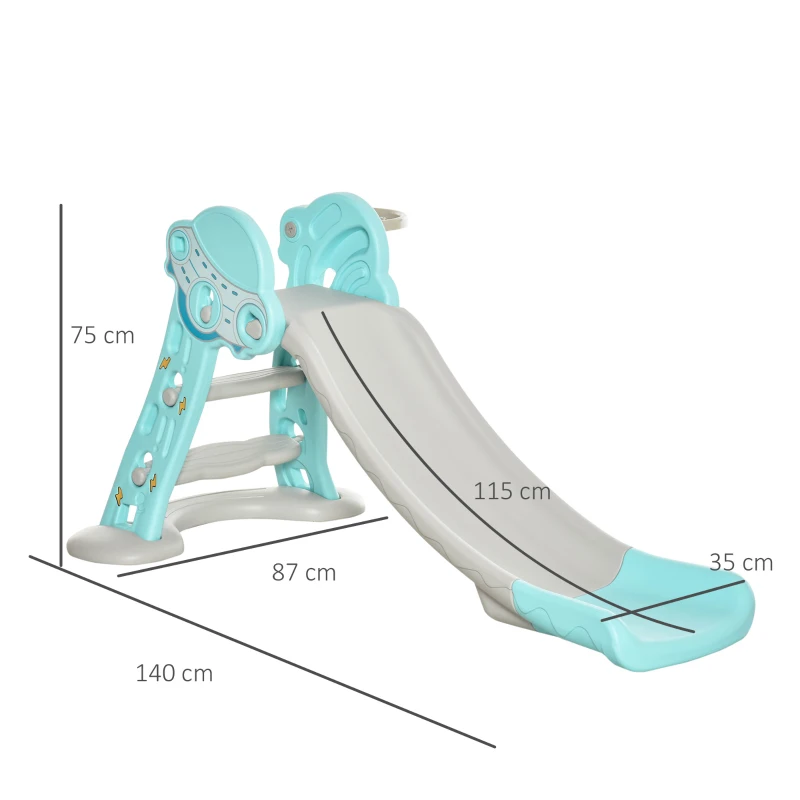 HOMCOM Escorrega Infantil Dobrável com Cesta de Basquetebol para Crianças acima de 18 meses Modelo Disco Voador para Interiores e Exteriores 140x87x75cm Azul e Cinza