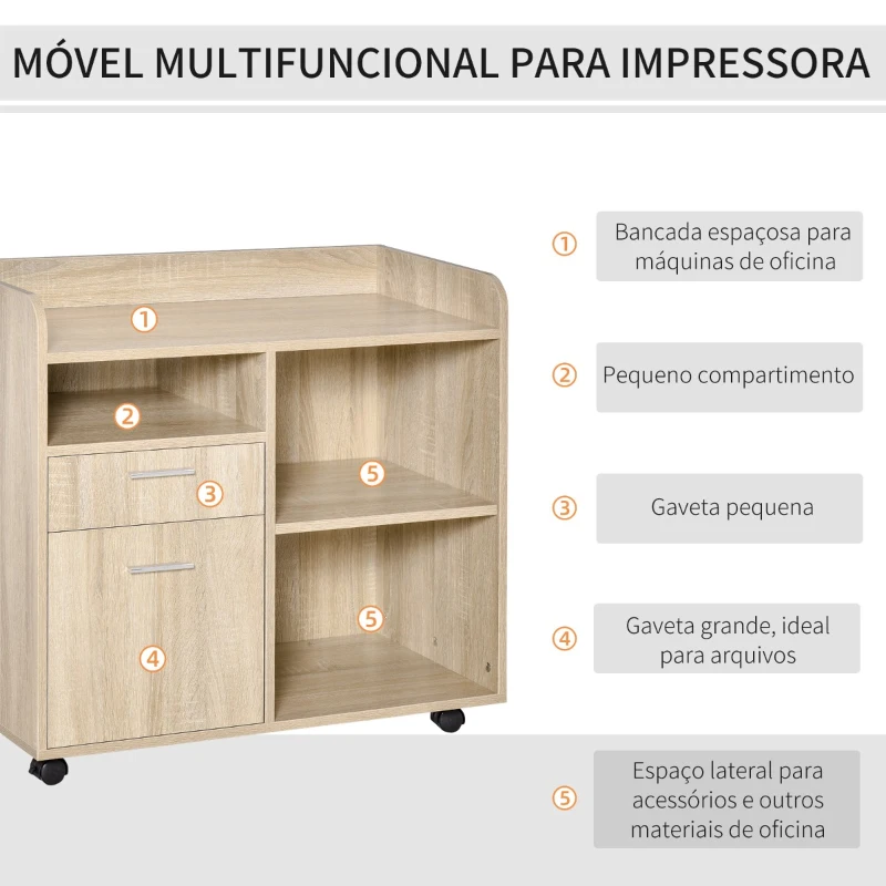 Vinsetto Armário para Impressora Armário Multifuncional de Escritório com 3 Compartimentos 2 Gavetas para Arquivos Prateleira Ajustável 2 Rodas com Freios 80x40x72cm Carvalho