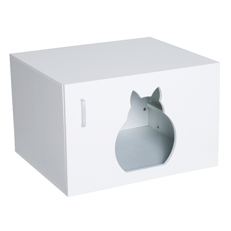 PawHut Casa para Gatos de Madeira Móvel Caixa de Areia para Gatos com Porta com Dobradiça e Orifício de Entrada em Forma de Gato Caverna para Gato 60x41x51cm Branco