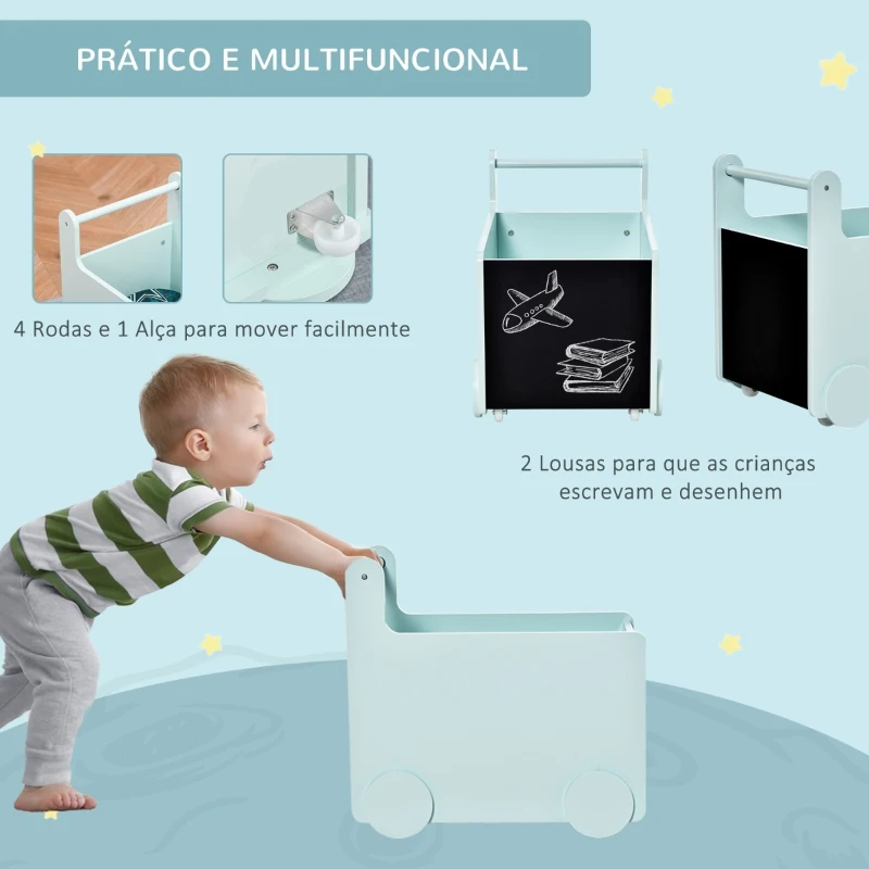 HOMCOM Caixa de Armazenamento de Brinquedos Infantil com Rodas Alça e 2 Lousas Baú de Armazenamento para Habitação de Crianças Escola Infantil Sala de Jogos 47x35x45,5cm Azul