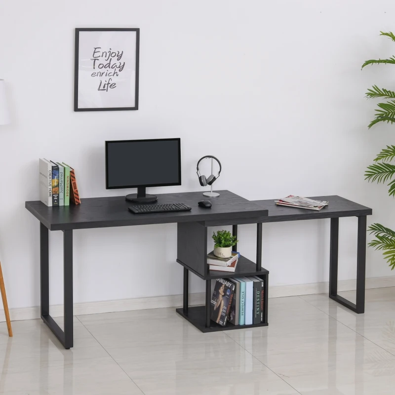 HOMCOM Secretária em Forma L Giratória 360 Graus com  Prateleiras e Grande Espaço de Armazenamento 220x55x79cm Preto