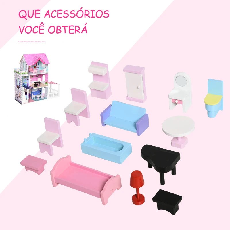 HOMCOM Casa de bonecas 3 andares com Pátio Mobília acessórios Madeira 86x30x87 cm Rosa