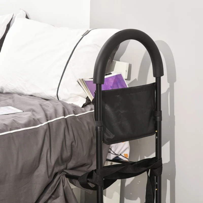 HOMCOM Corrimão da cama para deitar e levantar pega da cama de altura ajustável com alça de fivela e bolso 72x36x86-110,5 cm preto