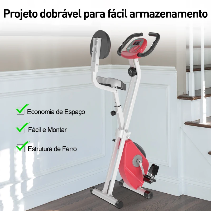 HOMCOM Bicicleta Estática Dobrável com assento ajustável Ecrã LCD Aço 43x97x109 cm Vermelho