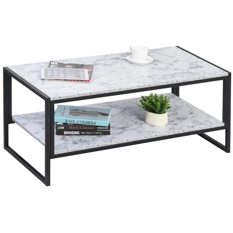 HOMCOM Mesa de Centro com Prateleira Mesa de Café Minimalista Imitação de Mármore Estrutura de Metal 106x50x47cm Branco e Preto