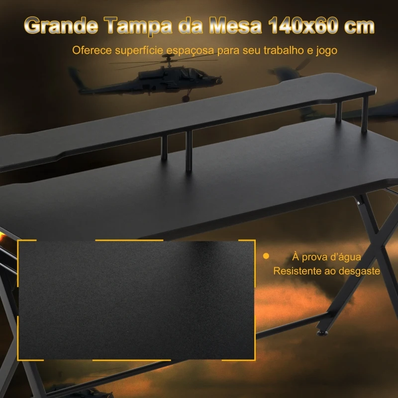 HOMCOM Mesa gaming para jogos secretária com suporte para monitor e fones de ouvido 140x60x90 cm Preto