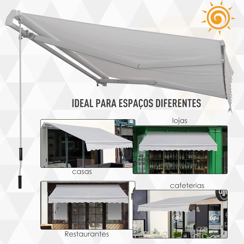 Outsunny Toldo Manual 3,5x2,5 m de Alumínio Toldo de Varanda Pátio com Manivela Resistente a Água Proteção Solar UV Branco