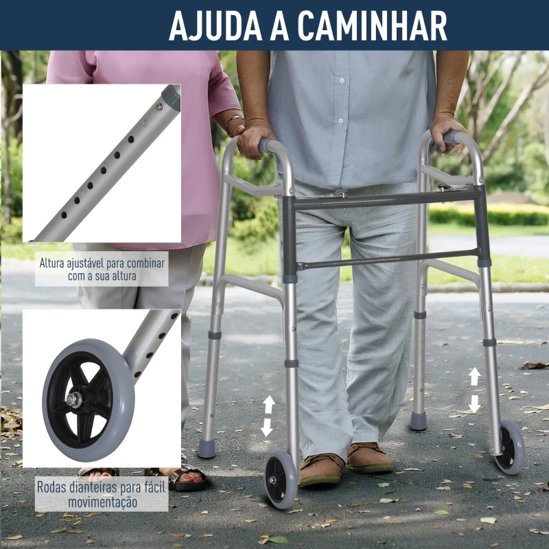 HOMCOM Andador dobrável com rodas de 5 polegadas para pessoas com mo comilidade reduzida altura ajustável e estrutura em liga de alumínio antiderrapante 64 x 50 x 77-95 cm
