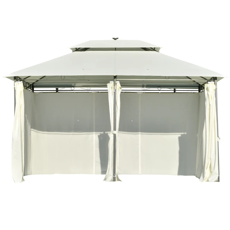 Outsunny Pérgola de jardim 4x3 m com teto duplo 6 cortinas laterais luz LED com painel solar para pátio terraço cor creme