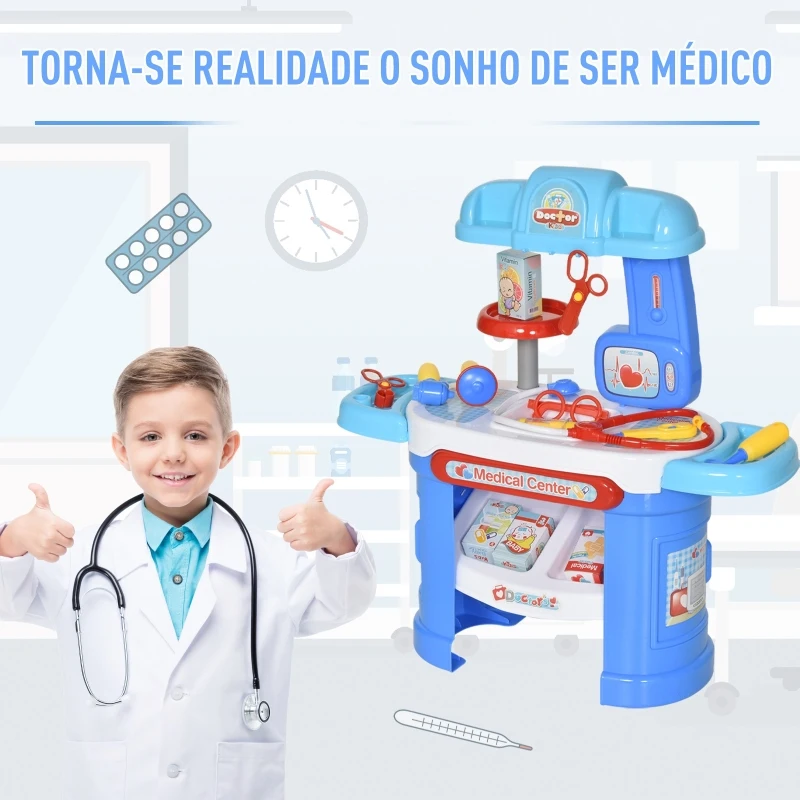 HOMCOM Conjunto médico infantil para crianças acima de 3 anos Kit médico infantil com  26 PCS Kit de brinquedos educativos Branco azul