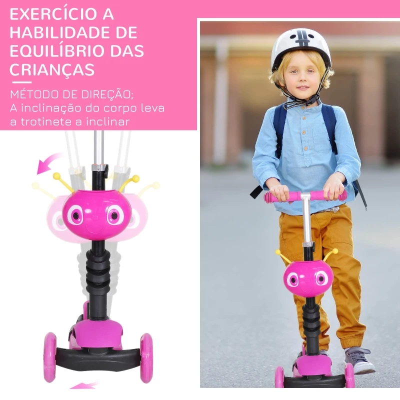 HOMCOM 5 em 1 trotinete para crianças de acima de 1 ano 3 rodas trotinete com assento removível guiador ajustável 62x25x72,5 cm Rosa