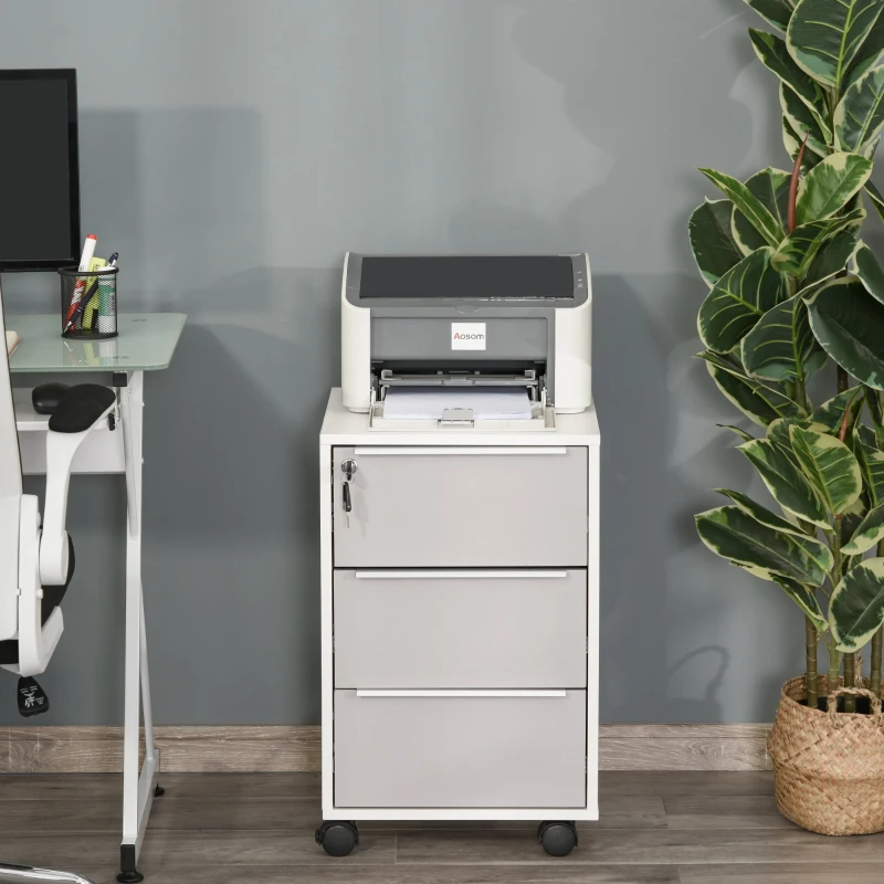 HOMCOM Bloco de Gavetas Móvel de Escritório com 3 Gavetas Fechadura Rodas e Travão para Documentos 40x40x63,5 cm Branco e Cinza