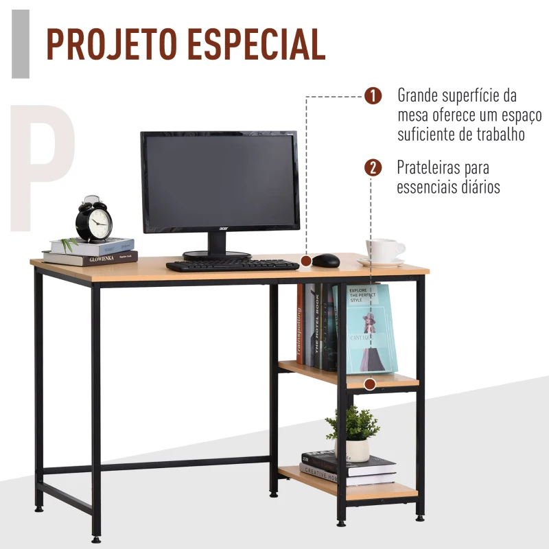 HOMCOM Mesa para Computador com 2 Prateleiras Pés Ajustáveis 106x50x76 cm Cor Madeira