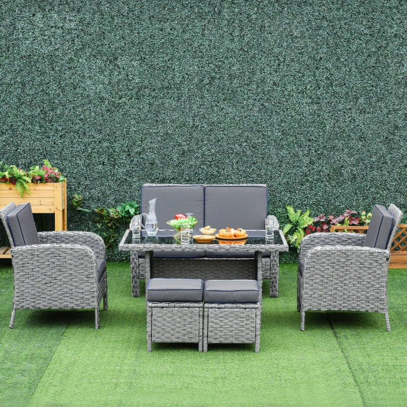 Outsunny Conjunto de móveis de jardim 6 peças de vime com mesa de centro Sofá duplo 2 poltronas individuais 2 bancos com almofadas para varanda Cinza