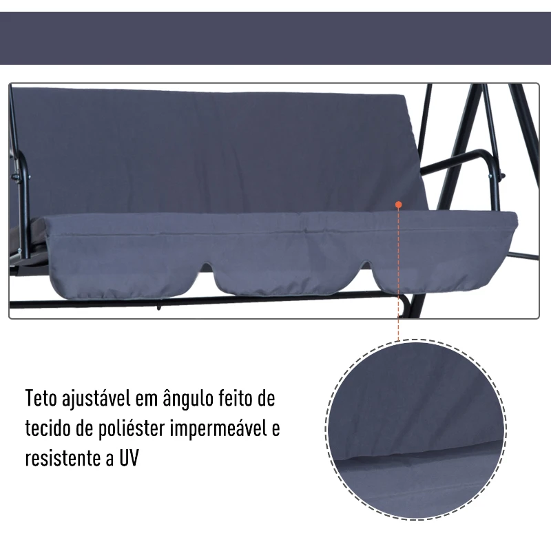 Outsunny Baloiço de Jardim de 3 Lugares Baloiço com Teto Ajustável em Ângulo para Terraço Balcão Carga Máxima 200kg Aço 172x110x153cm Cinza