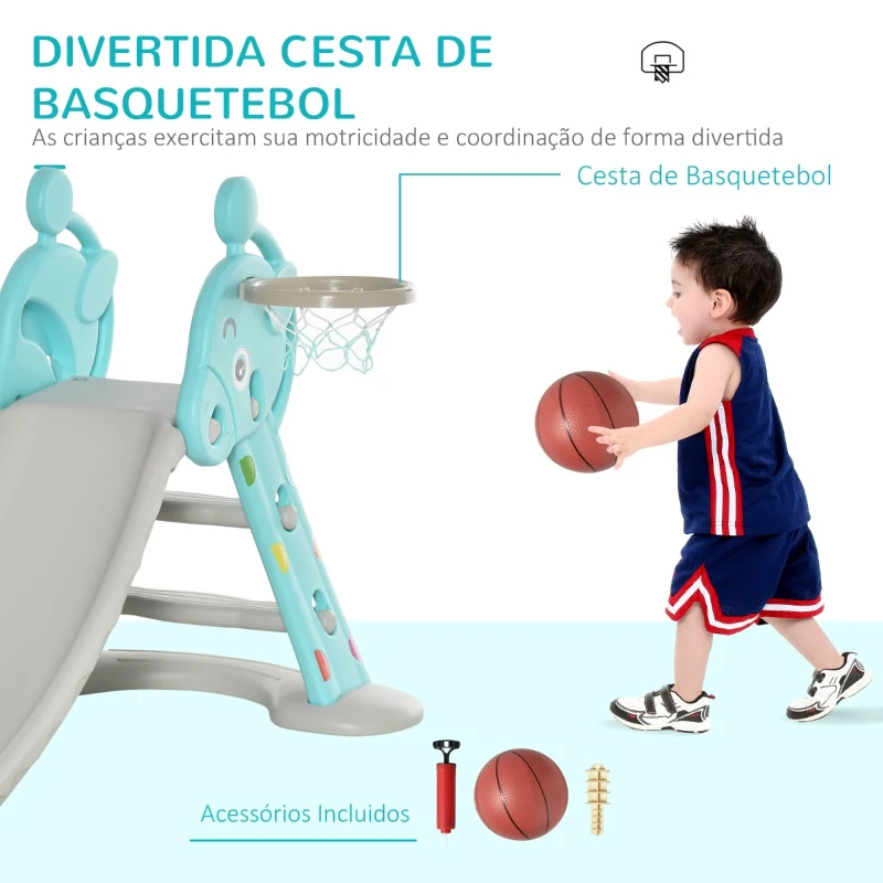 HOMCOM Escorrega Infantil Dobrável com Cesta de Basquetebol para Crianças acima de 18 meses Modelo Girafa para Interiores e Exteriores 140x87x75cm Azul e Cinza