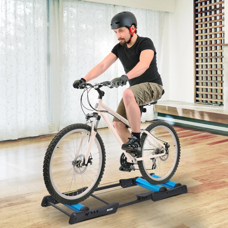 HOMCOM Rolo Treino para Bicicleta Dobrável Aparelho de Treino para Bicicleta no Interior Resistência Ajustável Moldura de Aço Carga 145x56x10.5cm