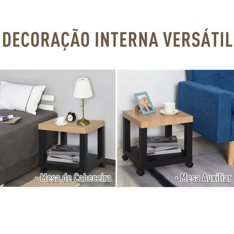 HOMCOM Mesa de Apoio para sofá mesa lateral com prateleira aberta Rodas 40x40x40 Preto e Madeira
