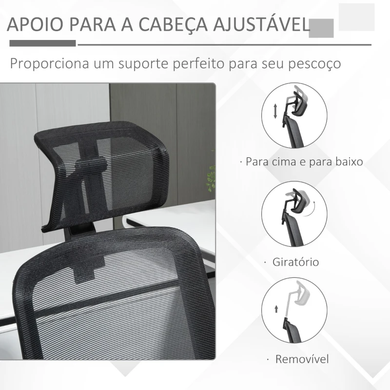 Vinsetto Cadeira de Escritório Ergonômica Cadeira de Escritório Giratória com Altura Ajustável Apoio para a Cabeça Suporte Lombar Reguláveis e Encosto Transpirável 63,5x64,5x113-122cm Preto