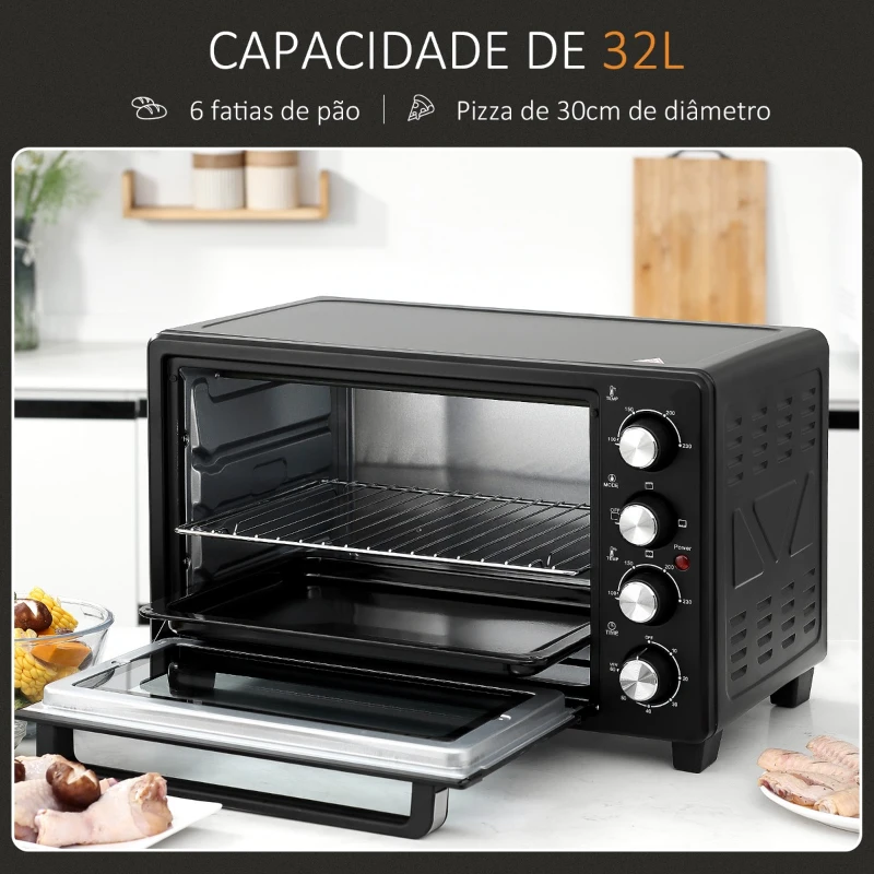 HOMCOM Mini Forno Elétrico de 32L 1600W com 3 Modos de Aquecimento Temperatura até 230 °C Temporizador Bandeja de Assar Ajustável em 3 Níveis 52,2x38,1x33,5cm Preto