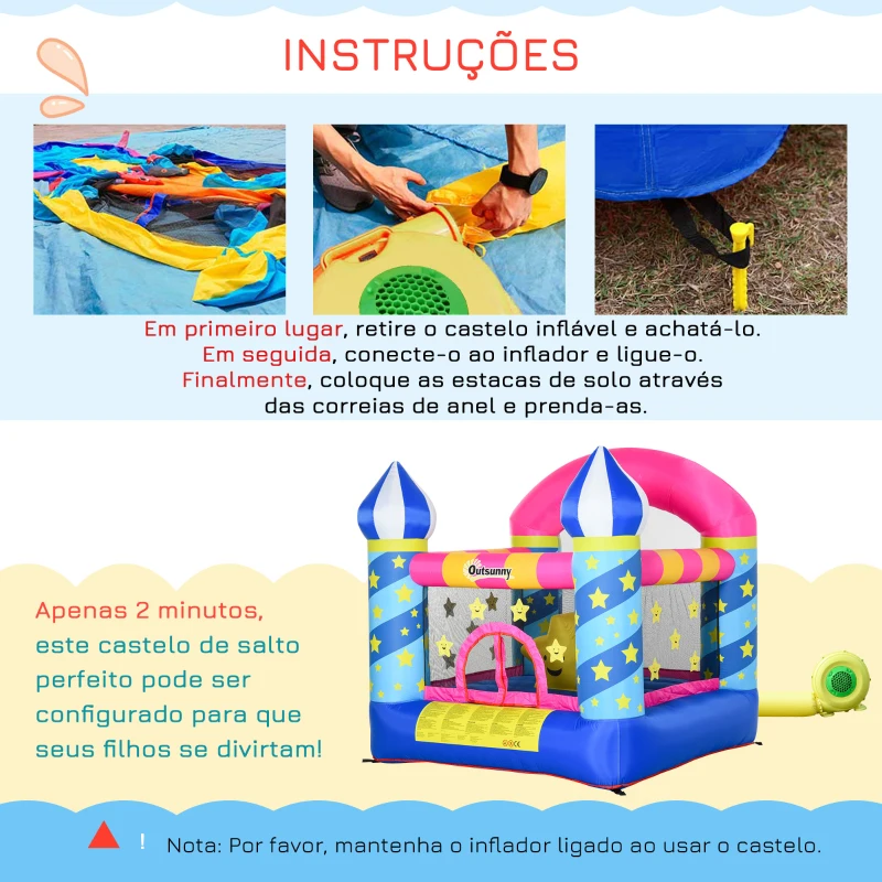 Outsunny Castelo inflável para crianças de Estrelas  com cama de salto Cesta Inflador e bolsa para interior e exterior 195x195x215 cm Multicolor