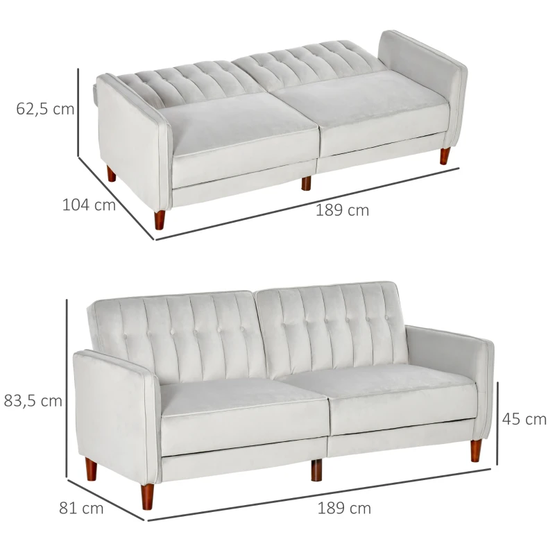 HOMCOM Sofá de 2 Lugares Convertível em Cama Estofado Aveludado com Encosto Ajustável e Pés de Madeira para Sala de Estar Escritório 189x81x83,5cm Cinza Claro