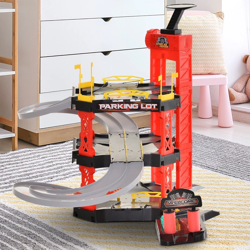 HOMCOM Conjunto Garagem de Estacionamento Infantil para Crianças acima de 3 Anos com 55 Acessórios Incluídos 4 Carros 1 Elevador Funcional Helicóptero 62x52x51 cm Vermelho Preto