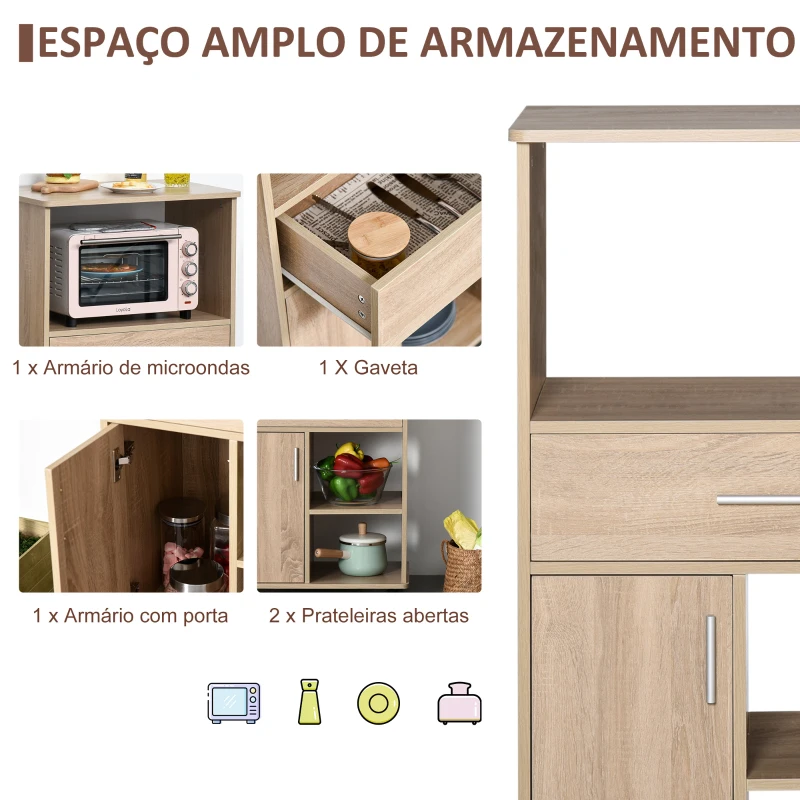 HOMCOM Carrinho de Cozinha para Microondas com 4 Rodas e Freios Gaveta Prateleiras abertas Compartimento com porta 60x40x108 cm Carvalho