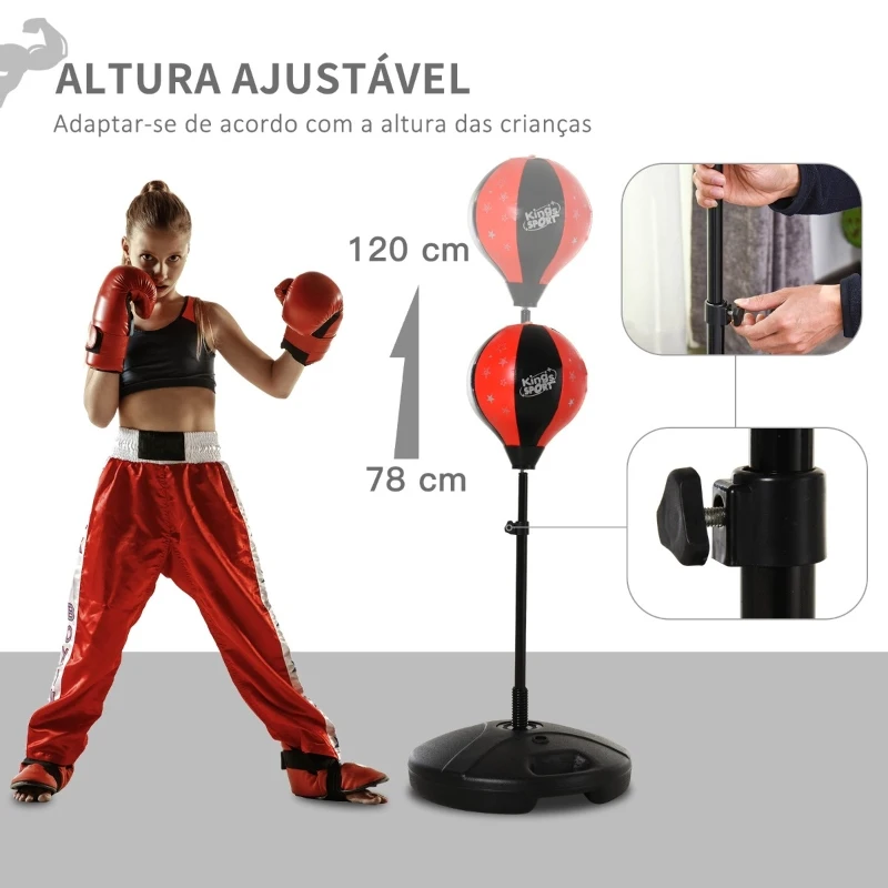 HOMCOM Saco de Boxe para Crianças com Altura Ajustável Luvas Suporte Estável Mola de 360 Graus 38x38x78-120 cm Preto e Vermelho