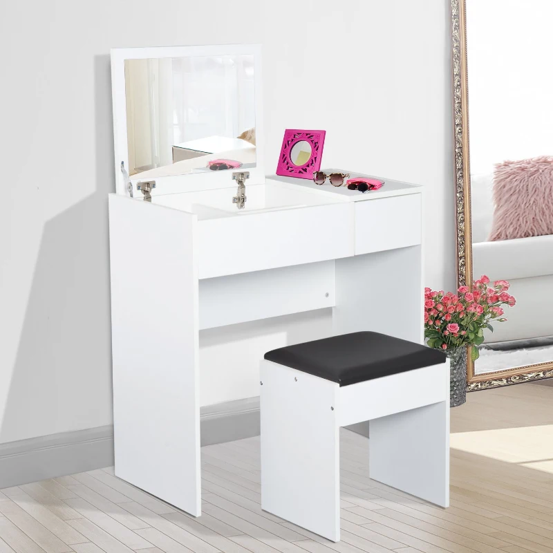 HOMCOM Toucador de Maquilhagem com Branco e Tampa Dobrável Mesa de Maquilhagem com Compartimentos e Gaveta 80x40x79cm Branco