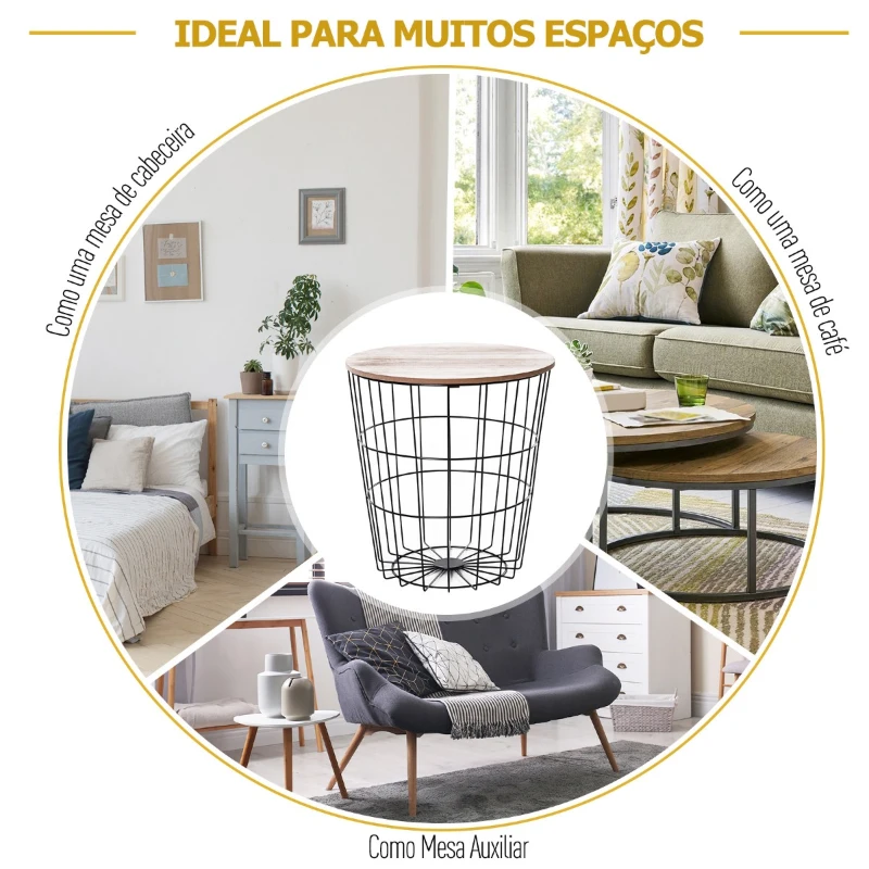 HOMCOM Mesa lateral pequena e redonda para sofá com espaço de armazenamento estilo industrial