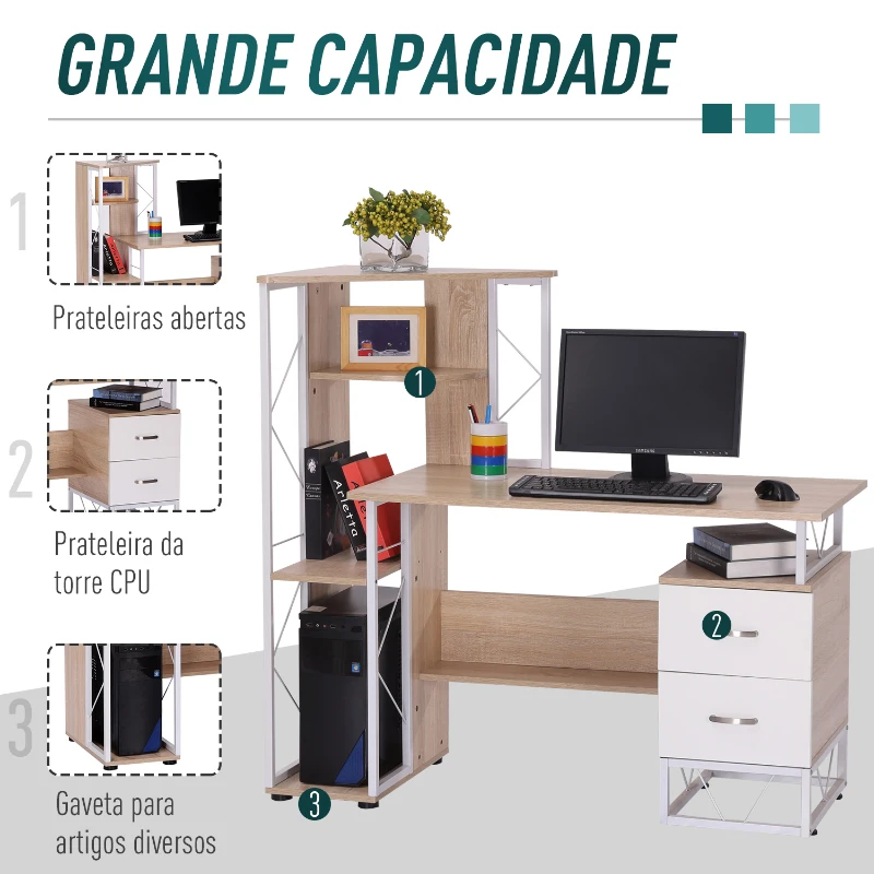 HOMCOM Secretária para Computador Escritório Branco Gabinete Prateleiras com Gavetas 133x55x123 CM Natural