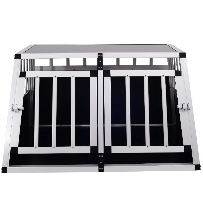 PawHut Gaiola de Alumínio para Cães Transportadora Alumínio para Cão para Viagem, Porta Dupla com Anteparo Amovível 89,5x68,5x50 cm