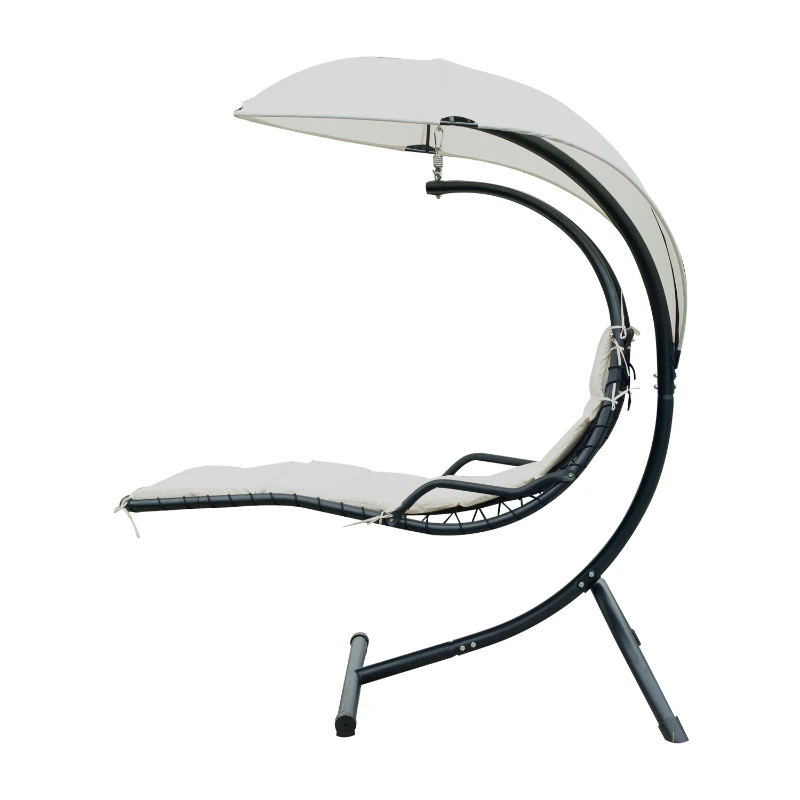 Espreguiçadeira Pendurada com Toldo Tipo cadeira de rede Cadeira de gangorra - Cor creme - Aço e poliéster - 200 x 100 x 210 cm