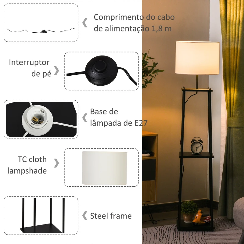 HOMCOM Lâmpada de assoalho com 3 prateleiras Interruptor de pedal 34.5x34.5x150 cm Preto e creme