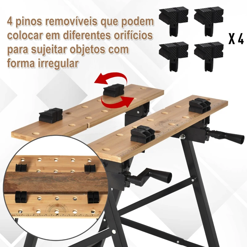 HOMCOM Bancada de Trabalho Dobrável Portátil com Placas Ajustáveis em Ângulo e Distância Bambú e Aço Carga Máx. 150kg 63,5x60x5x78cm Madeira Natural e Preto