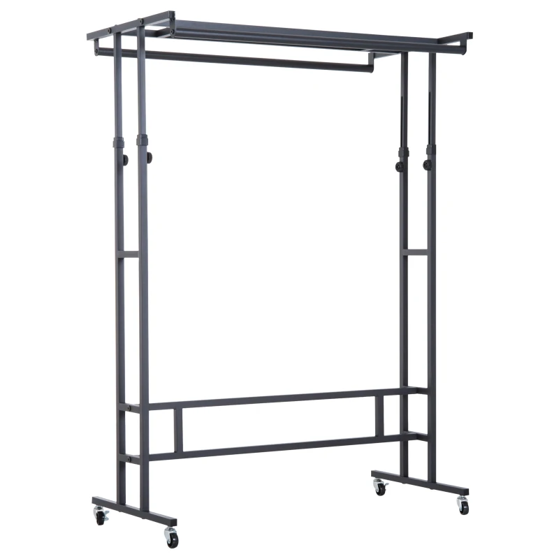 HomCom® Cabide Burro Ajustável com Rodas Barra para Pendurar Roupa com Estante Superior Cabide de Pé