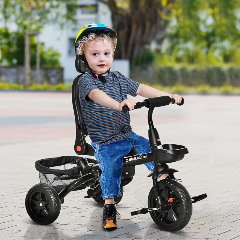 HOMCOM Triciclo Infantil 4 em 1 Bicicleta para Crianças 1-5 Anos com Assento Giratório Capô Ajustável Guidão de Empurre e Apoio para os Pés Dobrável 111,5x52x98cm Preto