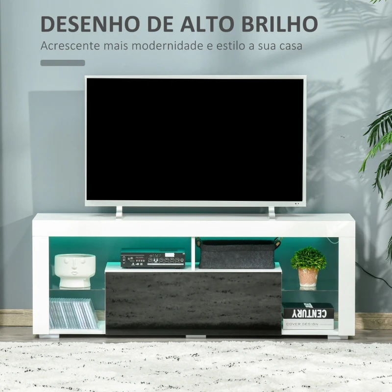 HOMCOM Móvel de TV para Sala de Estar com Iluminação LED 6 Modos de Cores Controle Remoto Gaveta e Prateleiras de Cristal Ajustáveis 140x35x52cm Preto e Branco Brilhante