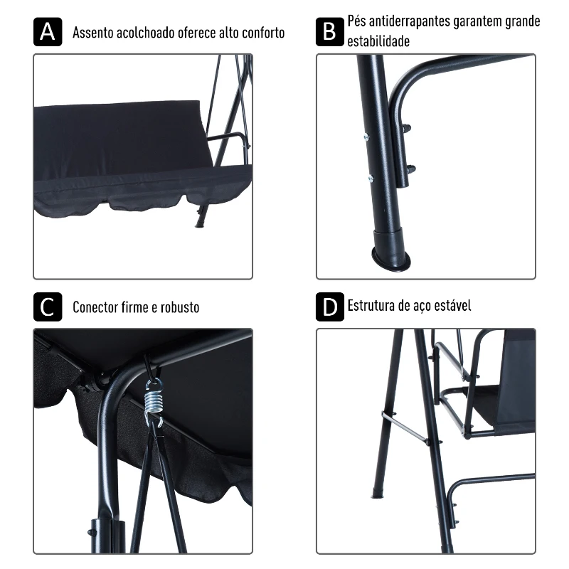 Outsunny Balanço de jardim de metal 3 lugares com toldo ajustável e almofada  172x110x153cm preto