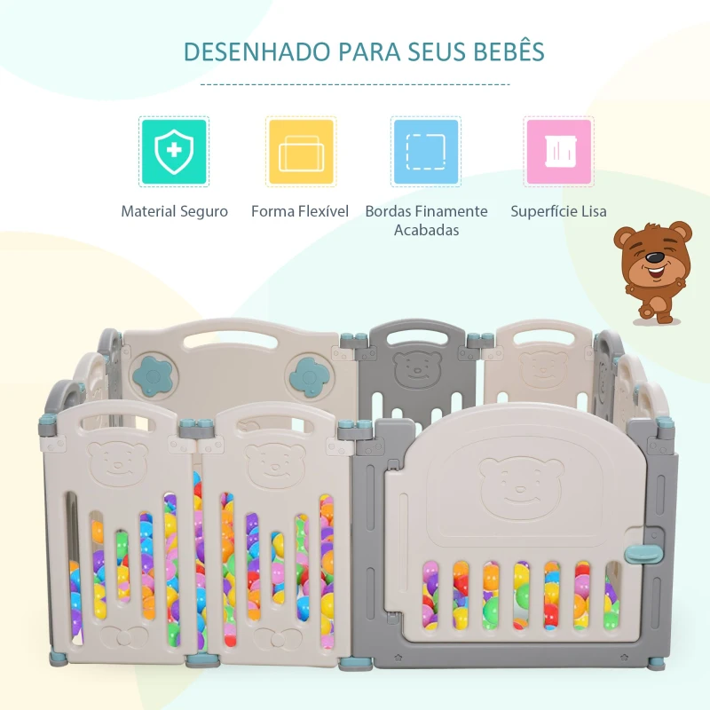 HOMCOM Parque infantil para bebês acima de 6 meses com porta dobrável 12 painéis Flexível  108x133x58 cm Cinza e Branco