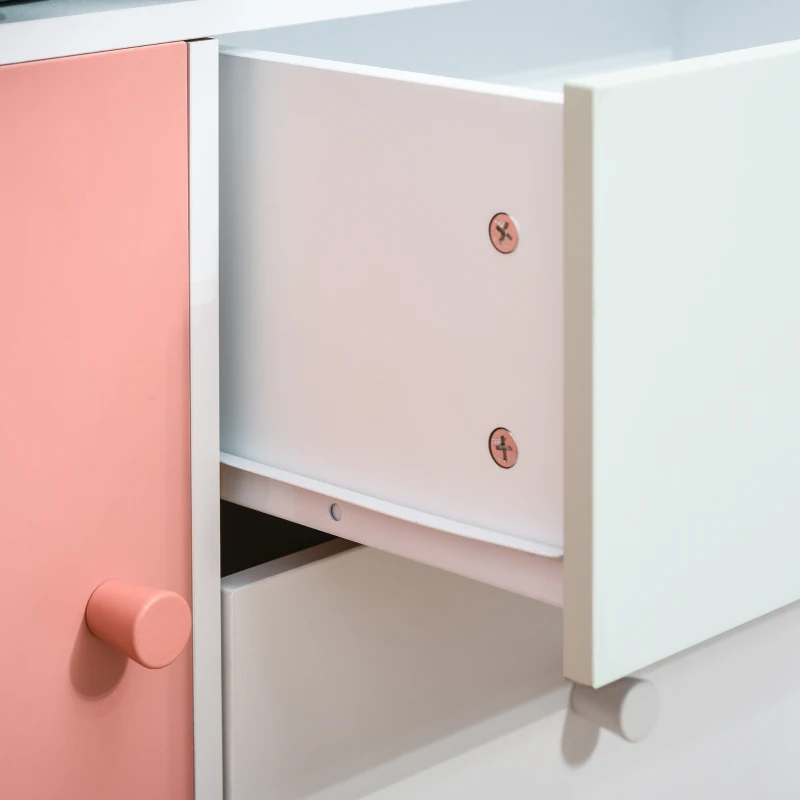 HOMCOM Móvel Infantil Cómoda para Crianças com 2 Compartimentos 2 Gavetas e 2 Armários para Armazenamento de Livros Brinquedos Roupa 80x30x85cm Coral Verde Menta Branco
