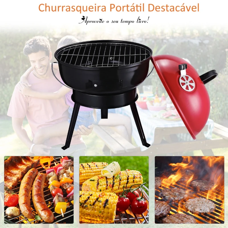 Outsunny Barbecue a Carvão Portátil Barbecue Pequena de Metal Esmaltado com 3 Pés Antiderrapantes Ø36,5x54cm Preto e Vermelho