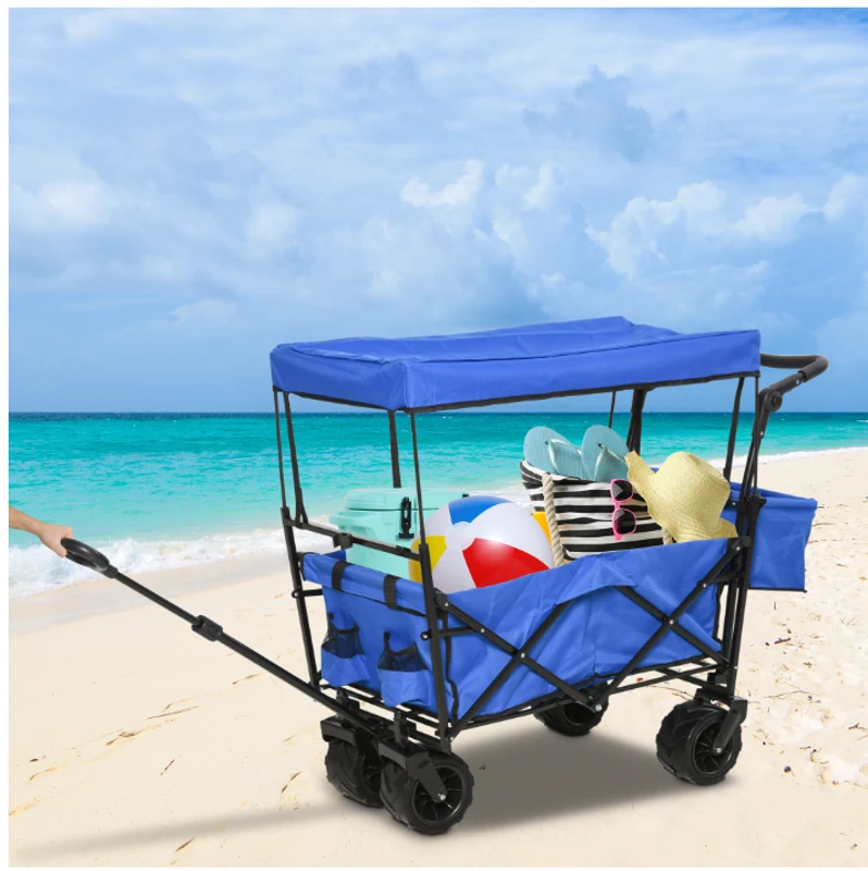 DURHAND Carrinho de praia dobrável com toldo Guiador telescópico 110x56x101cm Azul