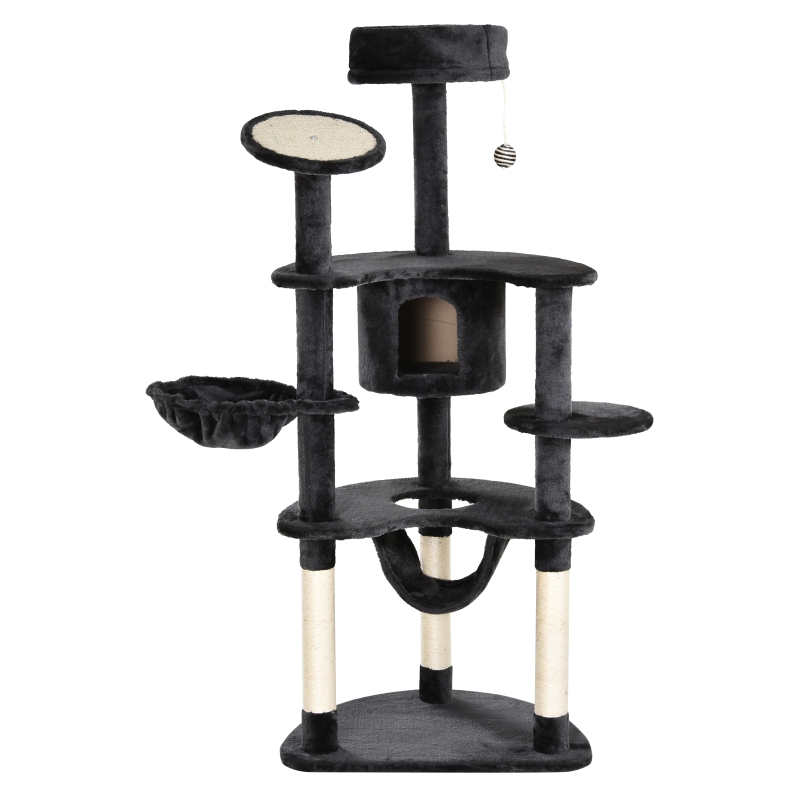 PawHut Árvore Arranhador para Gatos Grande Altura 155cm Torre de Escalada para Gatos com Caverna Redes Plataformas Postes Arranhadores de Sisal e Bola Suspensa Cinza Escuro