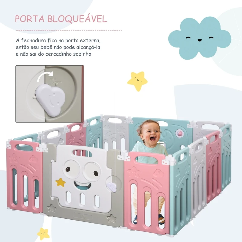 HOMCOM Parque infantil dobrável com 14 panéis para bebês acima de 6 meses 149x155x64 cm multicolor