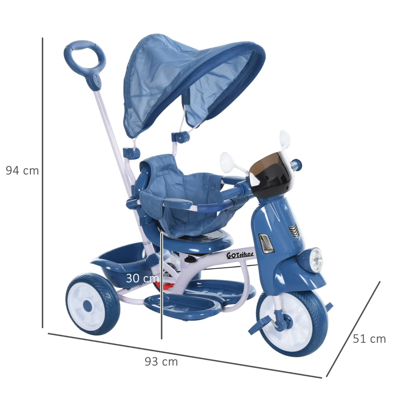 HOMCOM Triciclo infantil com toldo Barreira Apoio para os pés Luz e Música 93x51x94 cm Azul